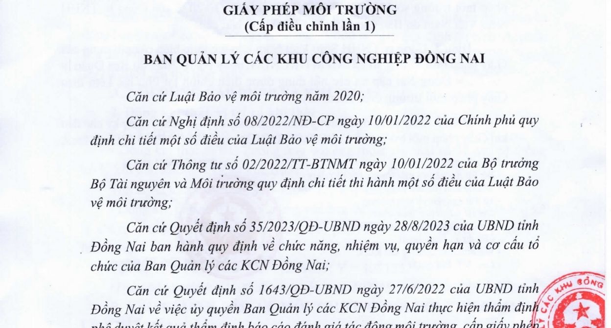 CÔNG TY SITTO VIỆT NAM - GIẤY PHÉP MÔI TRƯỜNG SỐ137-GPMT-KCNĐN - NĂM 2023 