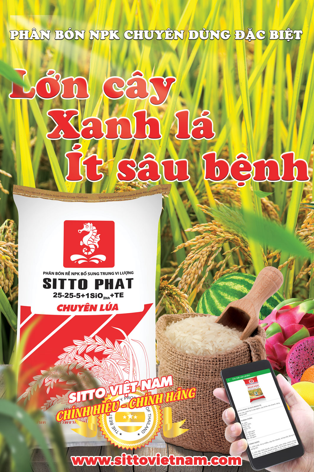 Sitto Phat 25-25-5 chuyên lúa - Lớn cây, xanh lá