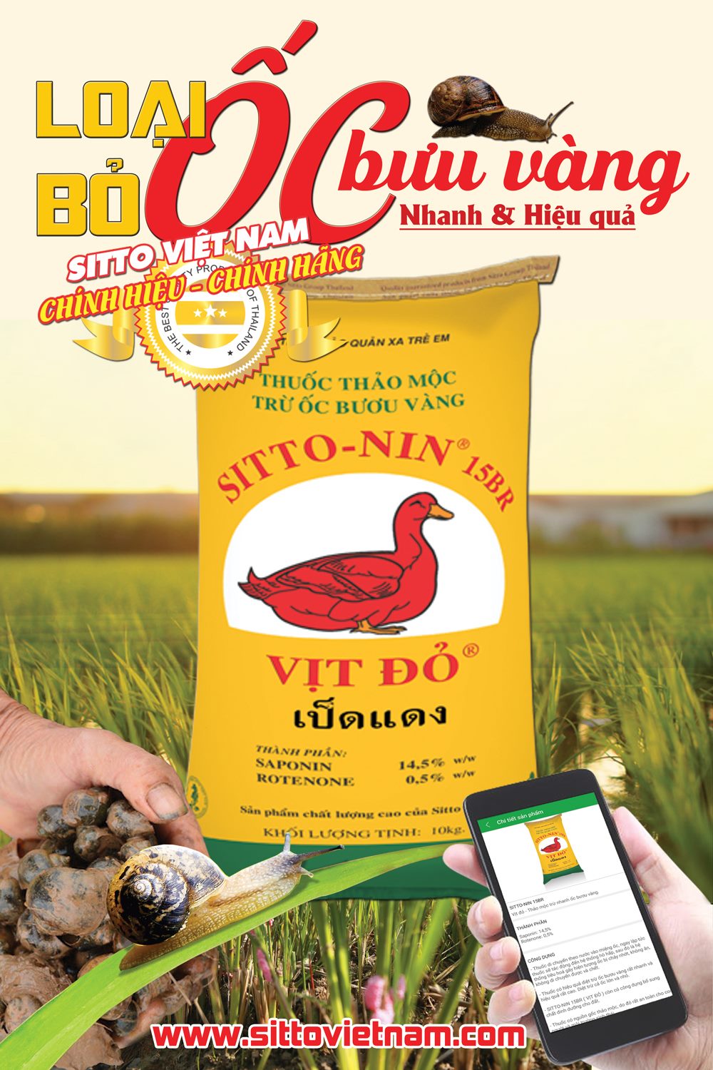 Sitto-Nin 15BR (Gói 10kg) - Thảo mộc trừ ốc cho cây lúa