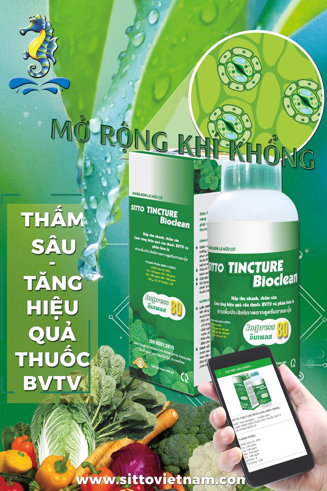 Sitto Tincture Bioclean - Impress 80 (Chai 500ml) - Giảm thất thoát và tăng hiệu quả sử dụng thuốc BVTV, phân bón lá