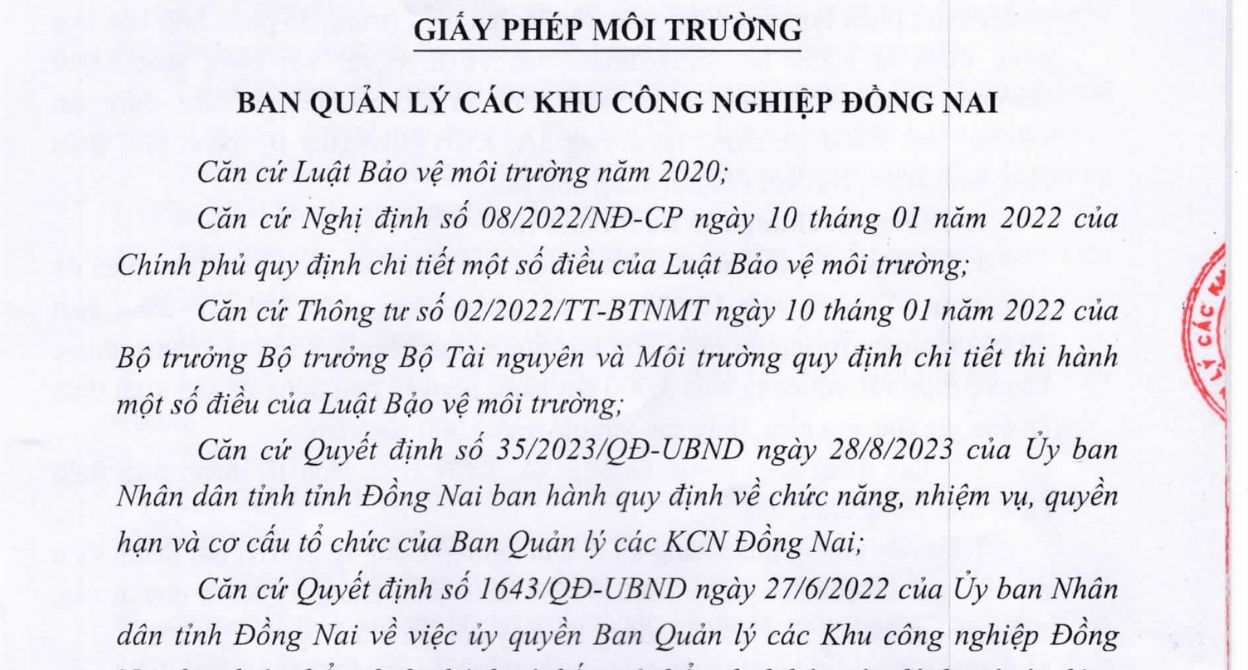 CÔNG TY SITTO VIỆT NAM - GIẤY PHÉP MÔI TRƯỜNG SỐ 99 - NĂM 2024