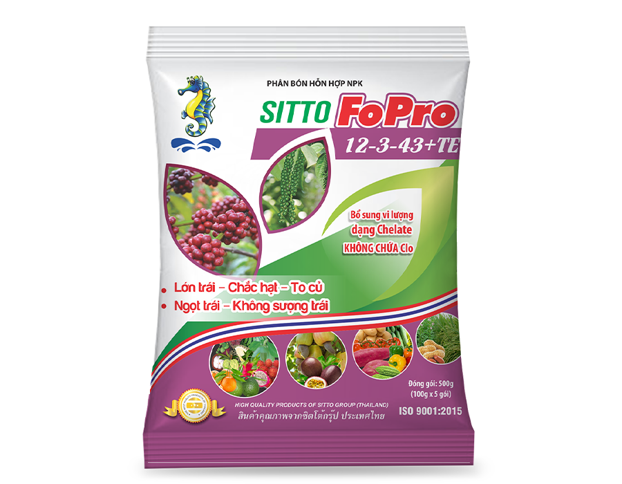 Phân bón lá nuôi trái - nuôi hạt - Sitto Fopro 12-3-43+TE (Gói 100g)