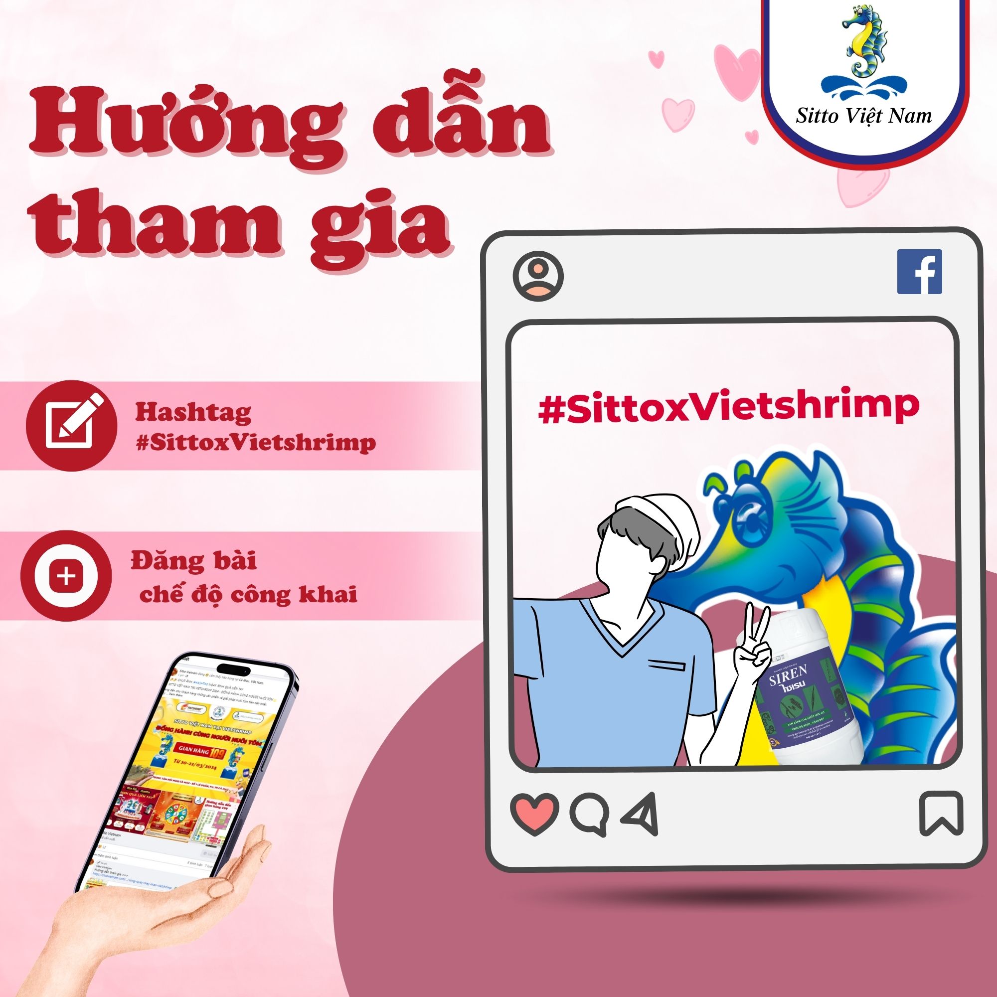 Chia sẻ facebook cá nhân + Hashtag #SittoxVietshrimp