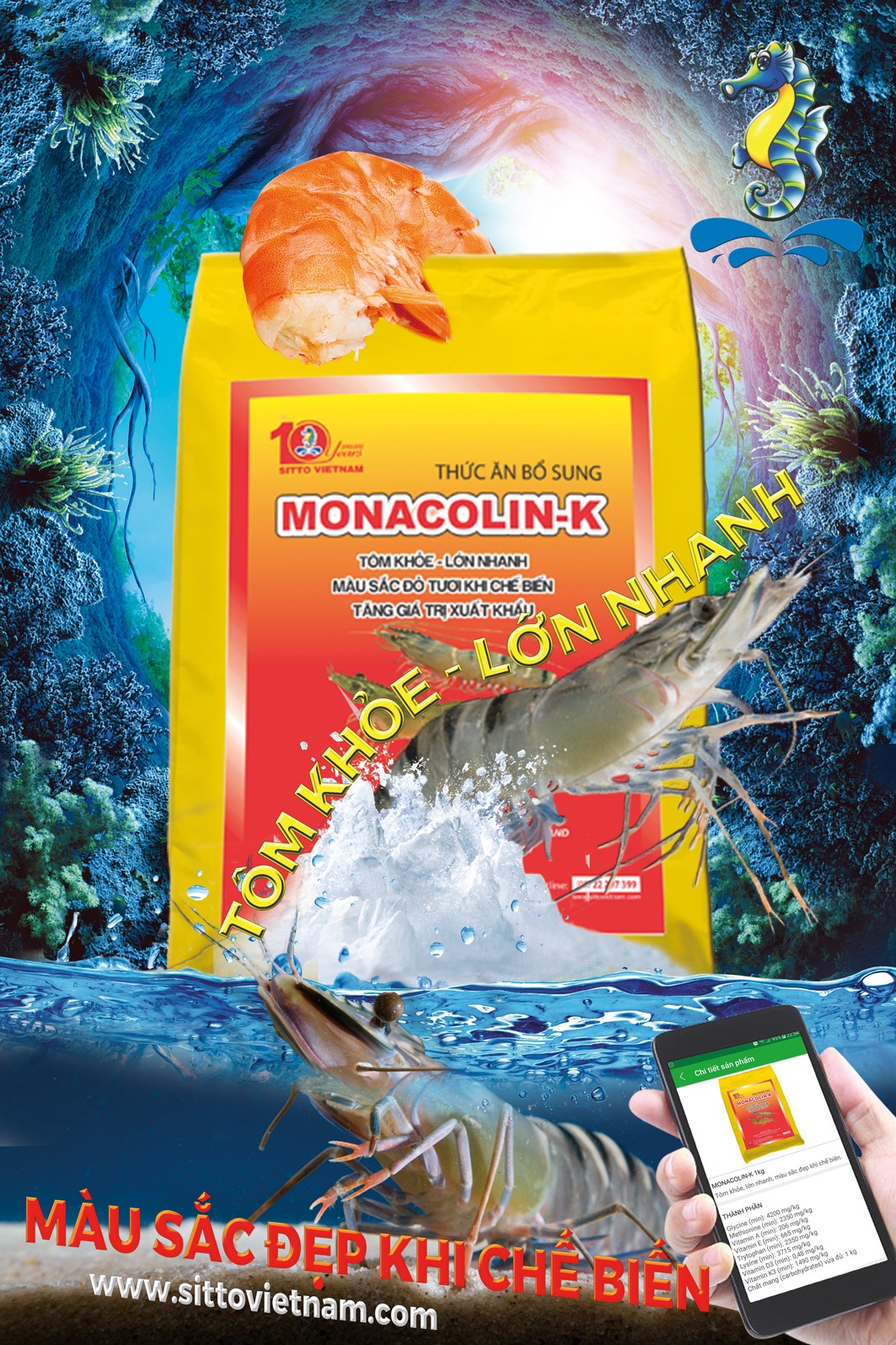 Dinh dưỡng bổ sung - Monacolin-K (Gói 1kg) - Bổ sung vitamin và các acid amin giúp tôm khỏe, lớn nhanh