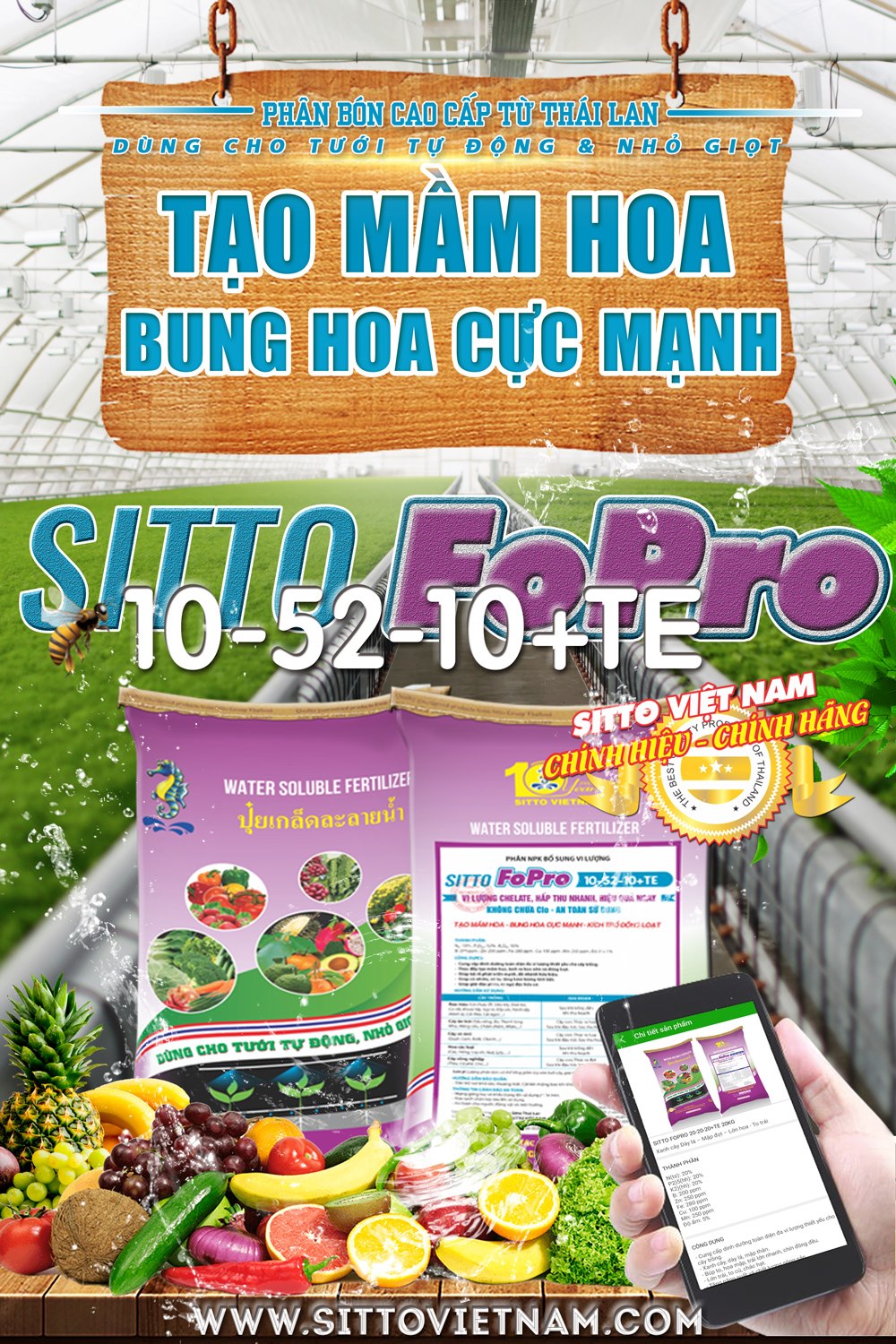 Phân bón NPK hòa tan dành cho hệ thống tưới - Sitto Fopro 10-52-10+Te (Bao 20kg)