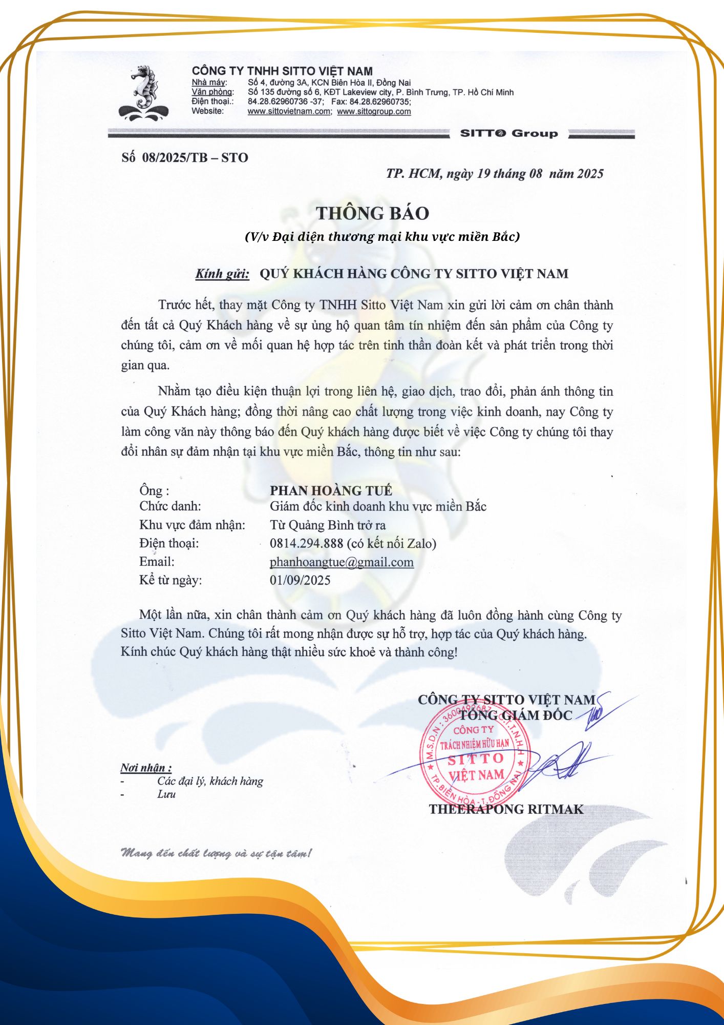 THÔNG BÁO ĐẠI DIỆN THƯƠNG MẠI SITTO VIỆT NAM TẠI MIỀN BẮC