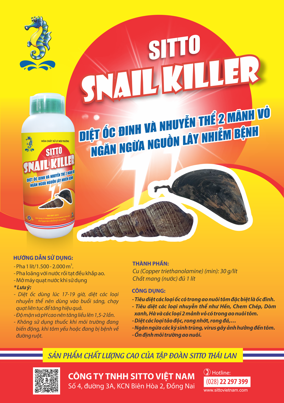 Sử dụng Sitto Snail Killer, liều lượng 1 lít/1.500 - 2.000 m3